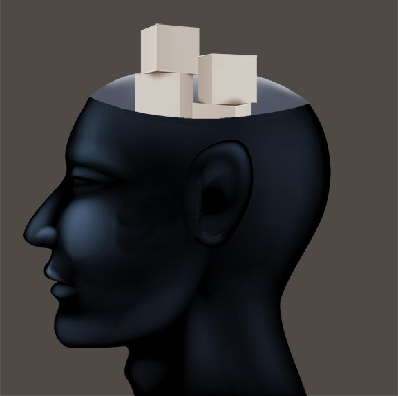 man's silhouette with blocks in open top of head